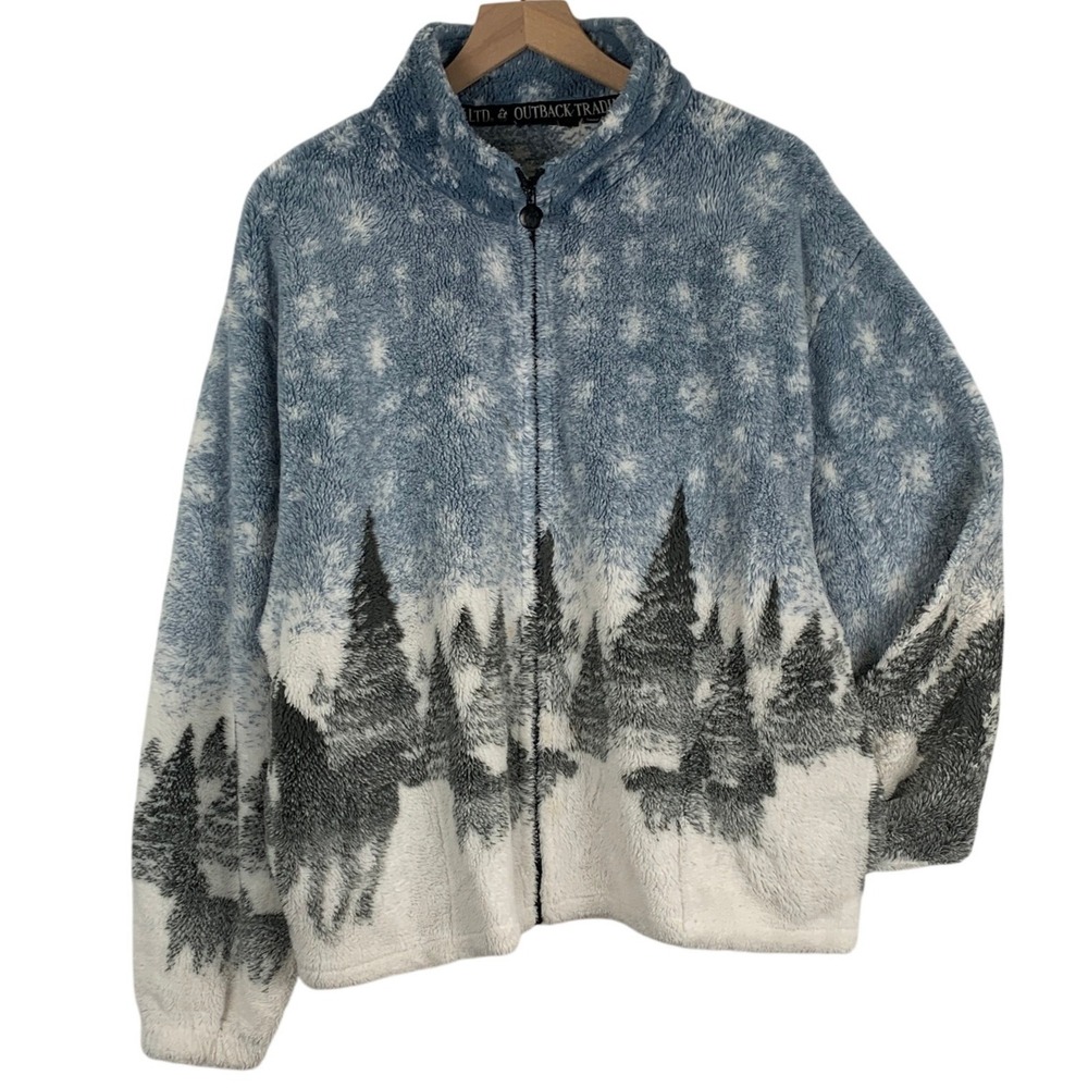 OUTBACK TRADING CO Winter Scenic Horse Snowflake Sherpa Fleece Jacket Sz XL Blue